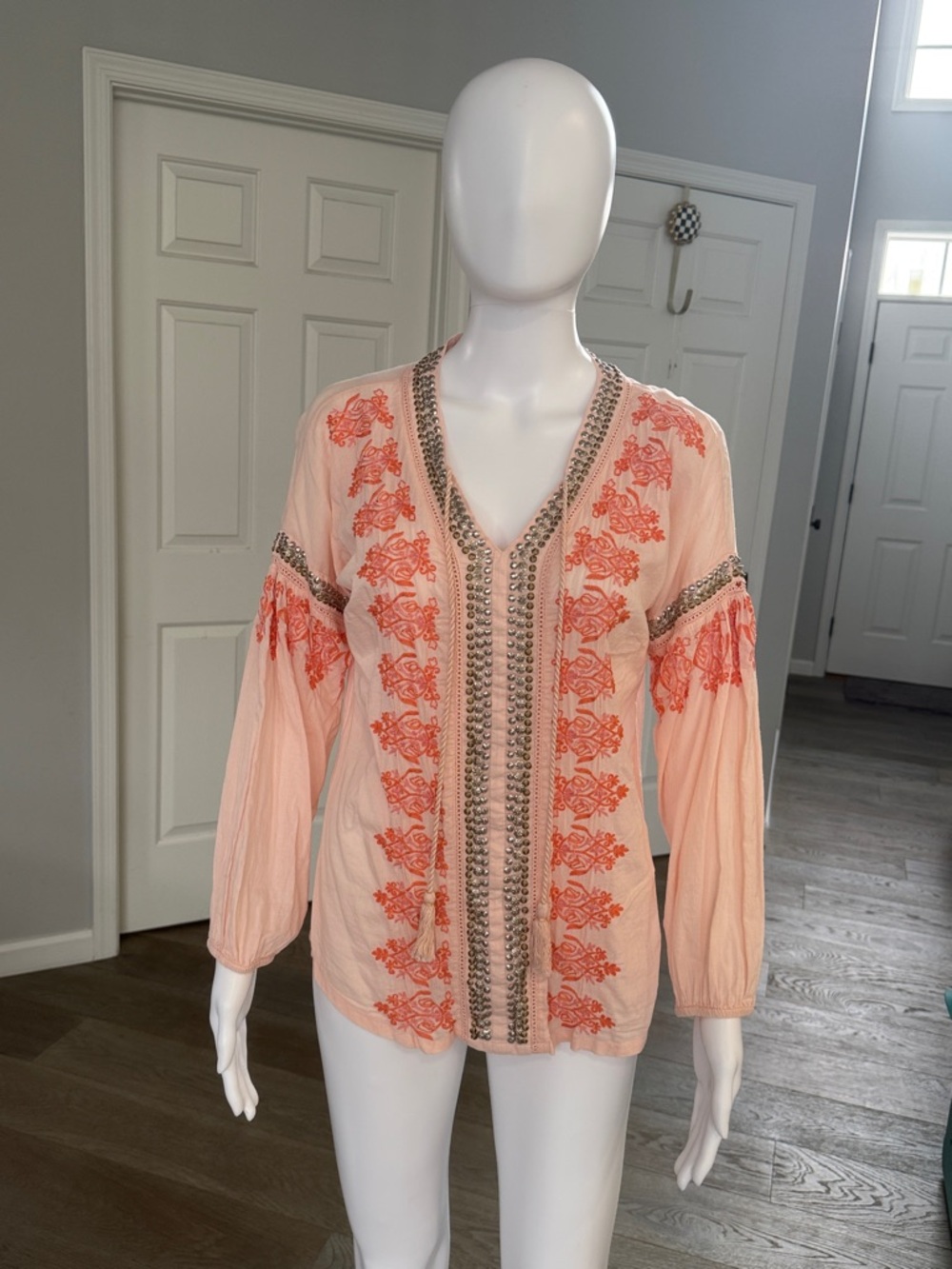 Sundance Peach V-Neck Tunic with Coral Embroidery & Metallic Hardware Accents-XS